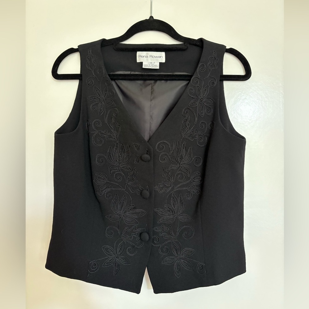 Vintage Black Embroidered Women's Vest- Rena Rowan Size 4